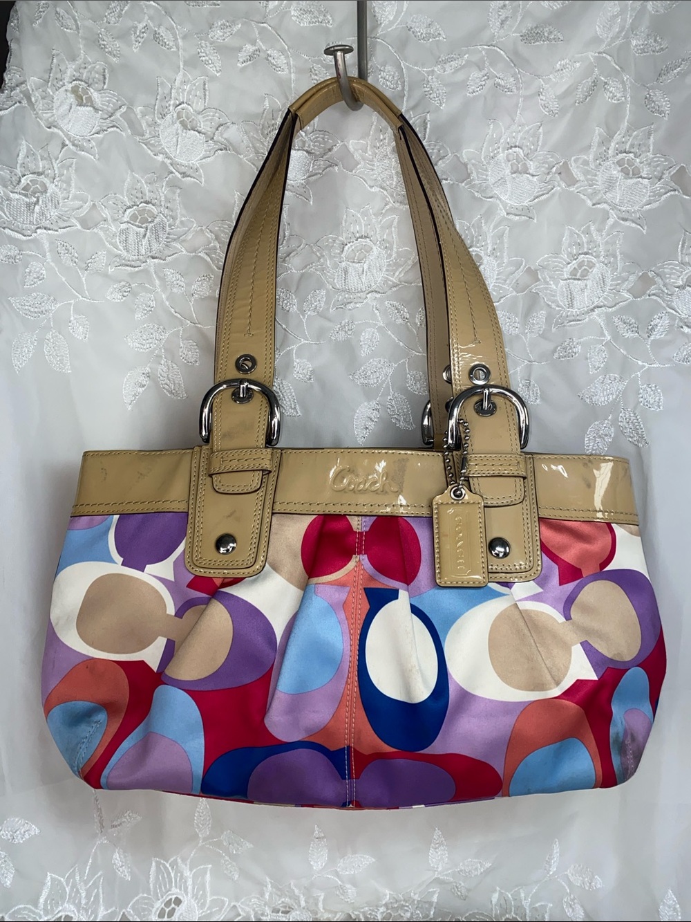 Coach F13798 Multicolor Signature Sateen Shoulder Bag with Tan Patent Trim